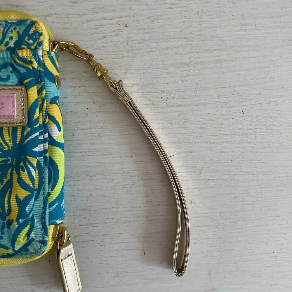 Lilly Pulitzer Wristlet Card Coin Wallet Removable Strap Blue Yellow Gold Floral